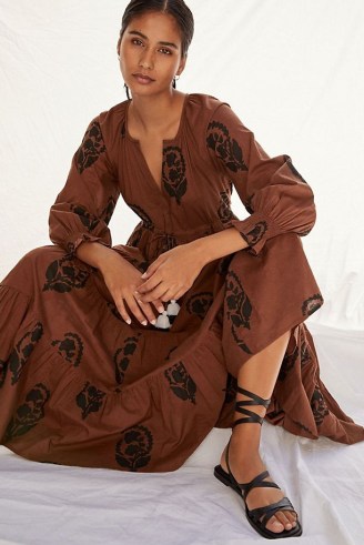 Omika Tiered Maxi Dress Brown Motif ~ boho summer dresses