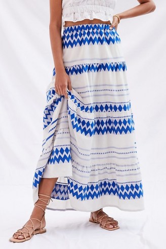 Kasia Resort Tiered Geo Maxi Skirt – long blue and white printed summer skirts - flipped
