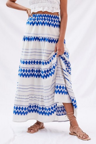 Kasia Resort Tiered Geo Maxi Skirt – long blue and white printed summer skirts