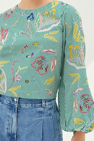 Maeve Embroidered Blouse Green Motif / floral ballon sleeve cotton blouses - flipped