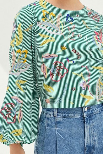 Maeve Embroidered Blouse Green Motif / floral ballon sleeve cotton blouses