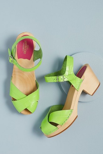 Swedish Hasbeens Mirja Heeled Clog Sandals Lime / women’s bright green chunky retro platforms / croc effect cloggs - flipped