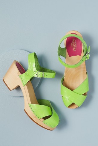 Swedish Hasbeens Mirja Heeled Clog Sandals Lime / women’s bright green chunky retro platforms / croc effect cloggs