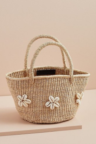 Indego Africa Cowrie Flower Banana Bag / shell embellished woven banana leaf basket / floral summer bags / shells - flipped