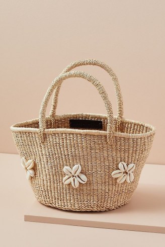 Indego Africa Cowrie Flower Banana Bag / shell embellished woven banana leaf basket / floral summer bags / shells