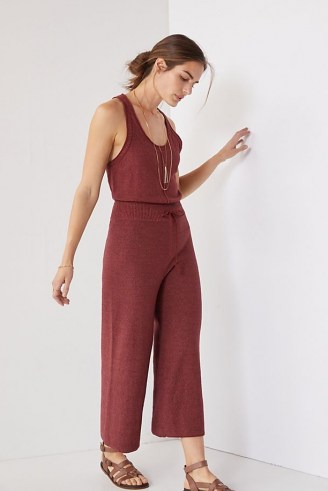 Daily Practice by Anthropologie Cropped Knit Jumpsuit Chocolate | brown knitted loungewear jumpsuits - flipped