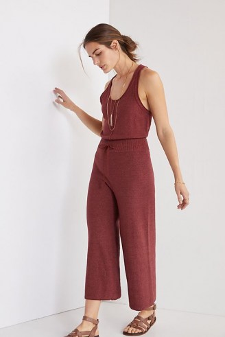 Daily Practice by Anthropologie Cropped Knit Jumpsuit Chocolate | brown knitted loungewear jumpsuits