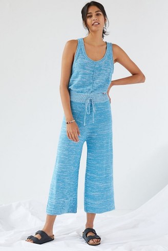Daily Practice by Anthropologie Cropped Knit Jumpsuit Turquoise | blue knitted crop leg jumpsuits | all-in-one loungewear - flipped