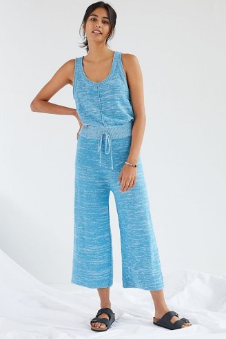 Daily Practice by Anthropologie Cropped Knit Jumpsuit Turquoise | blue knitted crop leg jumpsuits | all-in-one loungewear