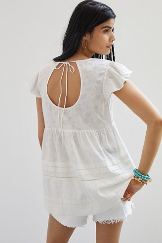 Maeve Textured Open-Back Tunic Blouse | womens white V-neck blouses | Anthropologie summer clothing | women’s flutter sleeve tops - flipped