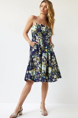 ANTHROPOLOGIE Ruffled Floral Mini Dress Navy / strapless floral flared dresses