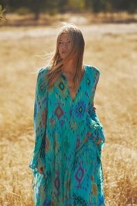 Anthropologie Norah Ikat Print Maxi Dress Turquoise – womens printed boho dresses