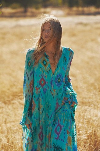 Anthropologie Norah Ikat Print Maxi Dress Turquoise – womens printed boho dresses
