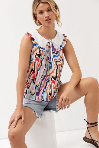 Maeve Abstract-Print Pintucked Blouse – womens printed oversized collar blouses - flipped