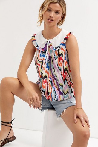 Maeve Abstract-Print Pintucked Blouse – womens printed oversized collar blouses
