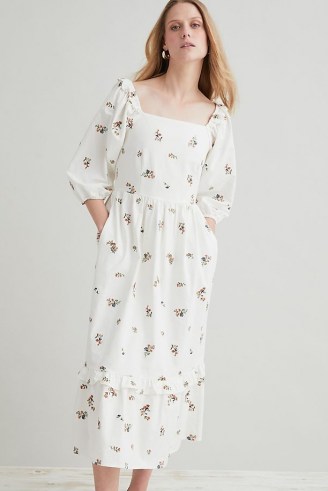 Anthropologie x Meadows Bloom Midi Dress / floral ruffle trim cotton dresses