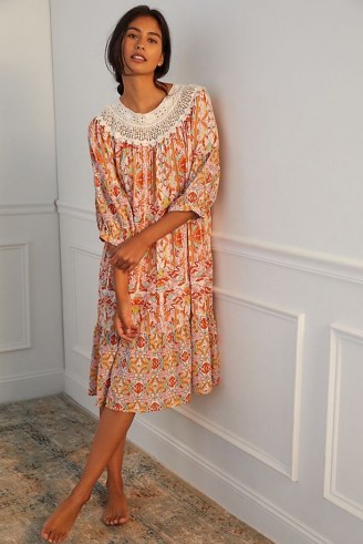 ANTHROPOLOGIE Florence Floral Lace Lounge Dress / pink cotton tiered hem dresses / romantic fashion