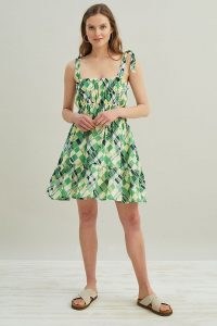 Faithfull The Brand Elwood Mini Dress Green / womens check print tiered hem summer dresses / shoulder strap ties / abstract checks