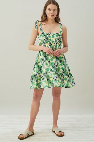Faithfull The Brand Elwood Mini Dress Green / womens check print tiered hem summer dresses / shoulder strap ties / abstract checks - flipped