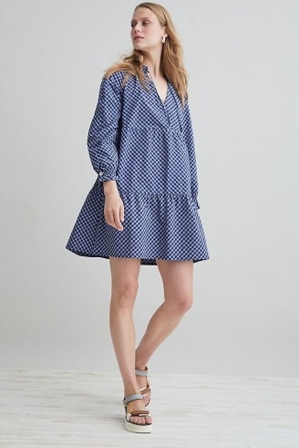Anthropologie x Belize Tie-Neck Tunic Dress / womens blue checked tiered hem cotton dresses / women’s check print summer fashion - flipped