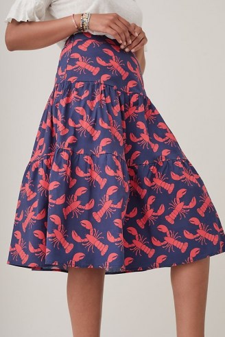 Eva Franco Lobster-Print Midi Skirt / ocean inspired prints / womens tiered cotton summer skirts / lobsters - flipped