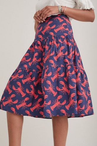Eva Franco Lobster-Print Midi Skirt / ocean inspired prints / womens tiered cotton summer skirts / lobsters