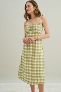 Faithfull The Brand Raven Midi Dress / olive green strappy shoulder tie summer dresses / womens checked fashion