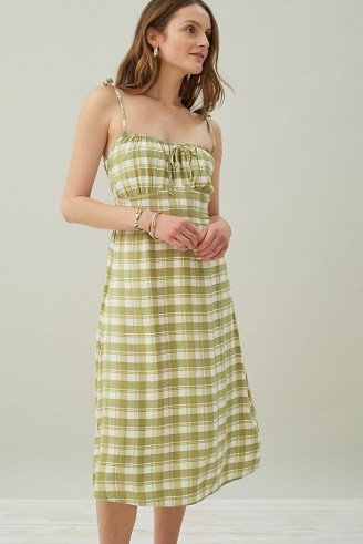 Faithfull The Brand Raven Midi Dress / olive green strappy shoulder tie summer dresses / womens checked fashion - flipped