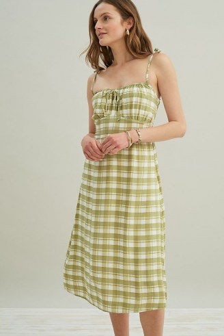 Faithfull The Brand Raven Midi Dress / olive green strappy shoulder tie summer dresses / womens checked fashion