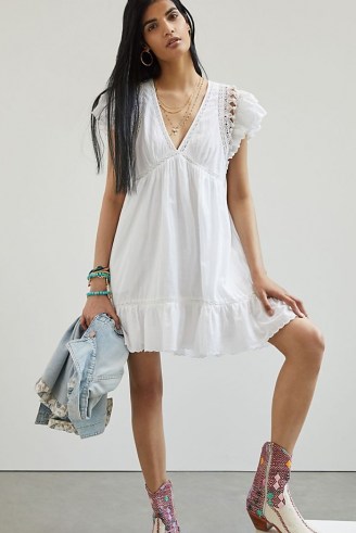 ANTHROPOLOGIE Ruffled Lace Mini Dress White ~ womens feminine boho summer dresses ~ romantic bohemian look fashion - flipped