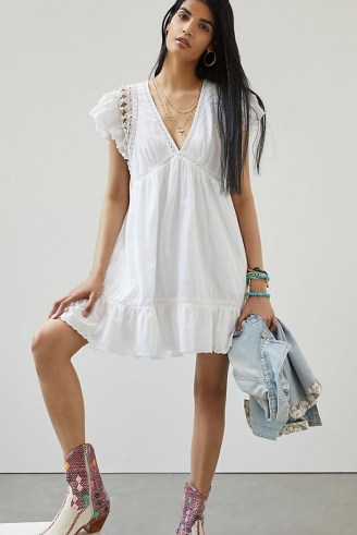 ANTHROPOLOGIE Ruffled Lace Mini Dress White ~ womens feminine boho summer dresses ~ romantic bohemian look fashion