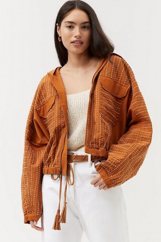 ANTHROPOLOGIE Hooded Contrast-Stitch Jacket Honey ~ women’s casual light brown jackets ~ womens stylish outerwear - flipped