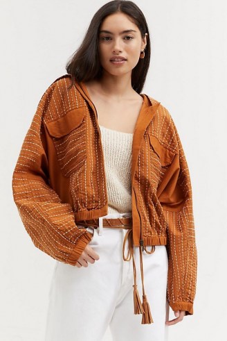 ANTHROPOLOGIE Hooded Contrast-Stitch Jacket Honey ~ women’s casual light brown jackets ~ womens stylish outerwear