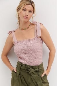ANTHROPOLOGIE Smocked Tulle Cami Rose ~ feminine tie strap camisole tops
