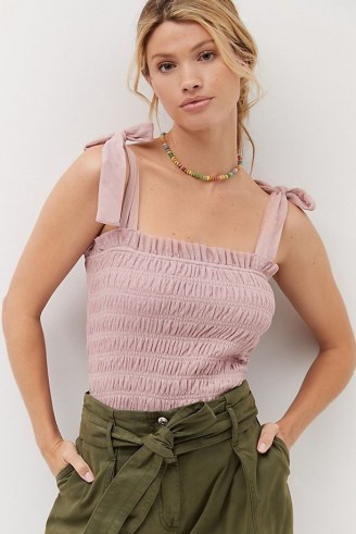 ANTHROPOLOGIE Smocked Tulle Cami Rose ~ feminine tie strap camisole tops - flipped
