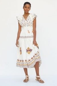 ANTHROPOLOGIE Embroidered Maxi Dress Neutral Motif ~ womens feminine flutter sleeve summer dresses
