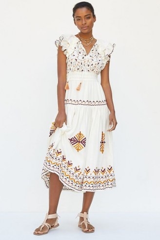 ANTHROPOLOGIE Embroidered Maxi Dress Neutral Motif ~ womens feminine flutter sleeve summer dresses - flipped