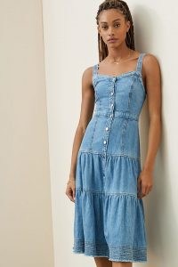 Pilcro Tiered Denim Maxi Dress ~ sleeveless button front summer dresses ~ womens feminine casual clothing
