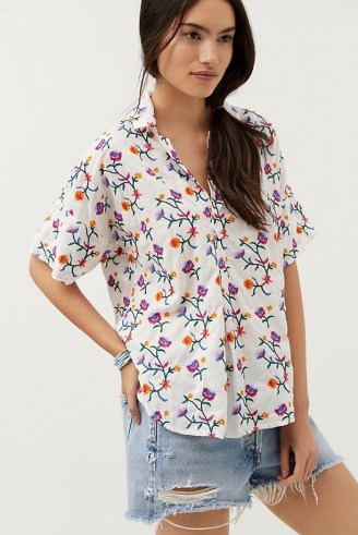 Pilcro Embroidered Surf Buttondown White / womens floral short sleeve shirts - flipped