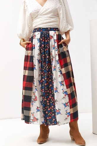 Let Me Be Contrast Maxi Skirt / multi print cotton skirts / womens mixted tartan and floral print fashion - flipped