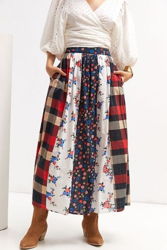 Let Me Be Contrast Maxi Skirt / multi print cotton skirts / womens mixted tartan and floral print fashion