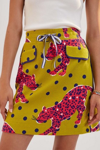 Maeve Pull-On Mini Skirt Yellow Motif / animal print drawstring waist skirts / womens fashion