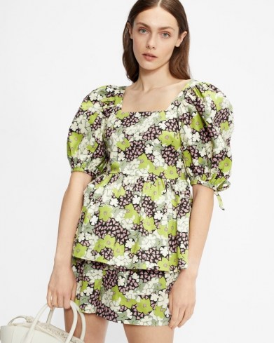TED BAKER IIDONA Baby doll puff sleeve top – green floral puff sleeve square neck tops