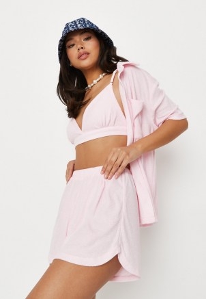 MISSGUIDED baby pink towelling 3 piece shirt and shorts co ord set ~ women’s summer fashion sets ~ womens casual co ords - flipped