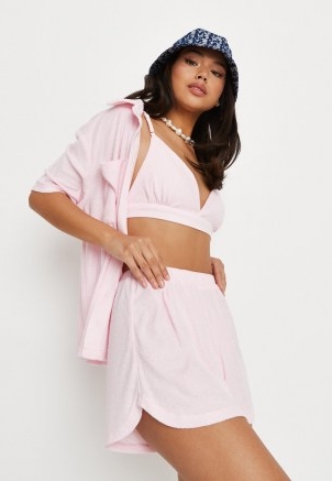 MISSGUIDED baby pink towelling 3 piece shirt and shorts co ord set ~ women’s summer fashion sets ~ womens casual co ords