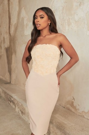 lavish alice bandeau textured floral midi dress in champagne ~ luxe strapless party dresses ~ evening glamour ~ glamorous occasion fashion