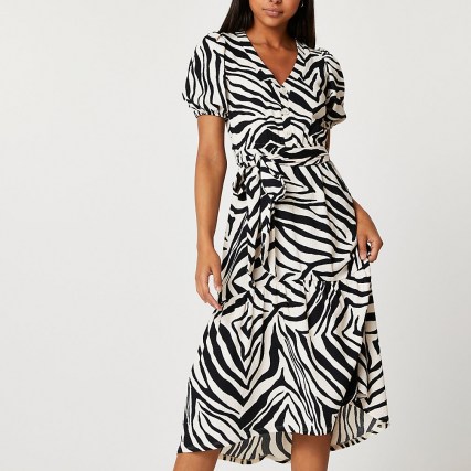 RIVER ISLAND Beige belted zebra print midi dress / animal print short sleeve tie waist dresses - flipped