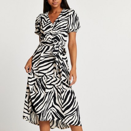 RIVER ISLAND Beige belted zebra print midi dress / animal print short sleeve tie waist dresses