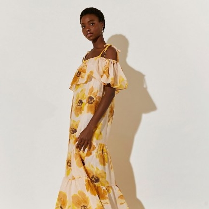 river island Beige short sleeve bardot maxi dress – floral boho summer dresses ~ off the shoulder fashion