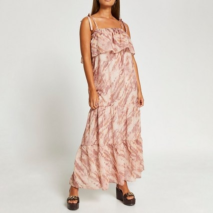 River Island Beige tie dye print bardot maxi dress | womens tie strap summer dresses | women’s holiday fashion | tiered | floaty - flipped